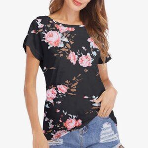 Haola Black Pink Floral Scoop Neck Short Sleeve Blouse Size M NWT